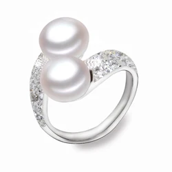YouNoble-Bague double perle de culture naturelle pour femme, argent 925, bague double réglable avec perle, cadeau d'anniversaire