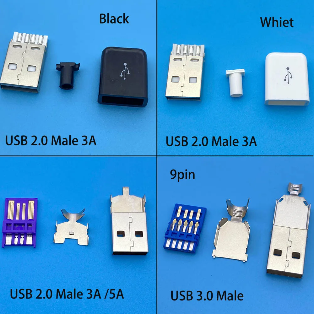 USB 3.0 Male Plug Connector, 3A / 5A High Current 3-Piece Soldered Wire USB 2.0 Male Connector 3 in 1 Connector for USB 3.0 Cabl