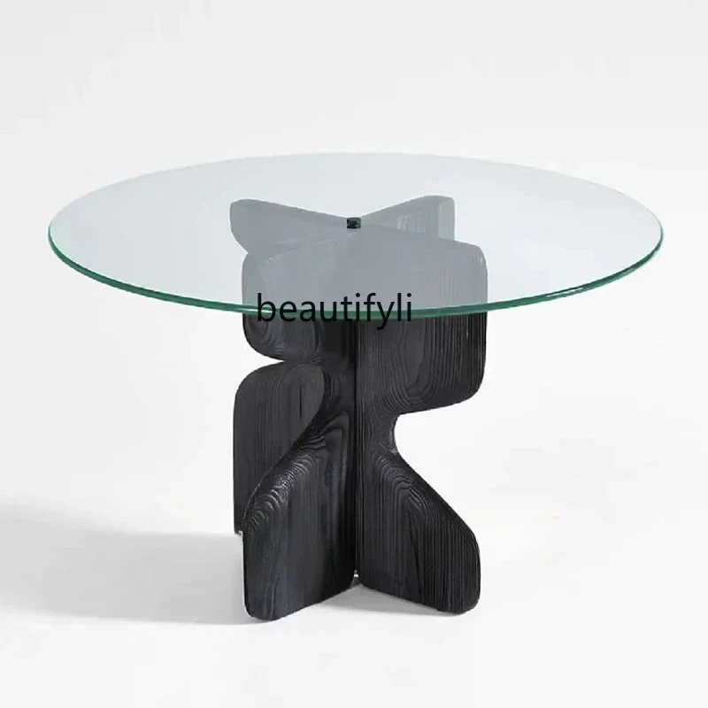 

ls 42Nordic solid wood dining table French round glass elegant retro wabi wind coffee table simple designer desk
