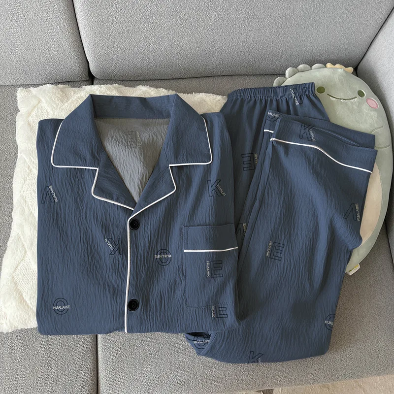 بيجامات رجالية مريحة تناسب الحد الأدنى للخريف مطبوع عليها حروف على طراز الشباب ملابس تنحيف قطنية مطبوعة على شكل سحابة بأكمام طويلة طقم مكون من قطعتين