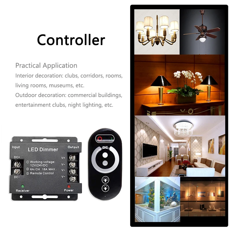 RF LED Single Color Strip Light Controller 12V 24V DC 18A 1 Channel PWM Lamp Signal Dimmer Full Touch Wireless Remote Control