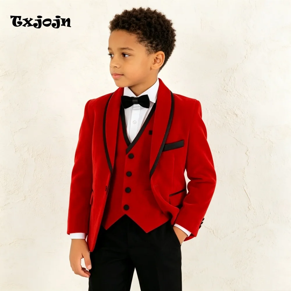 Formal Velvet Suit for Boys Wedding Tuxedo 3 Piece Red Jacket Pants for Event Vest Kids Blazer Set Slim Fit Tailored Outfit