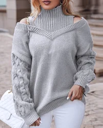 Women's Sweater 2023 Autumn Fashion Cable Knit Lantern Sleeve Cold Shoulder Casual Plain Long Sleeve Cutout Pullovers Sweater