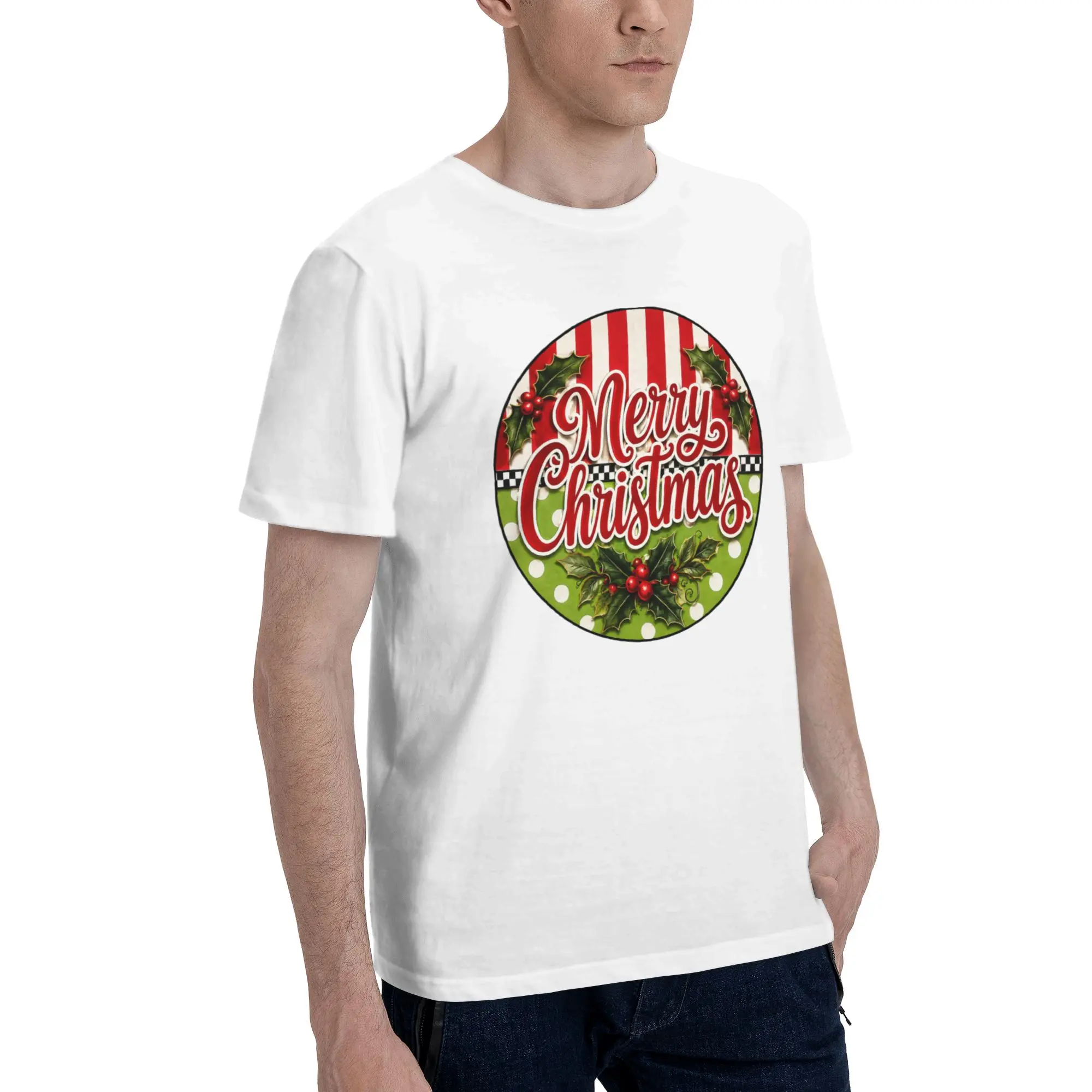 Merry Christmas Holly Wreath Round Sign Men T Shirts  Vintage Tees Short Sleeve Crewneck 100% Cotton New Arrival Clothes T-Shirt