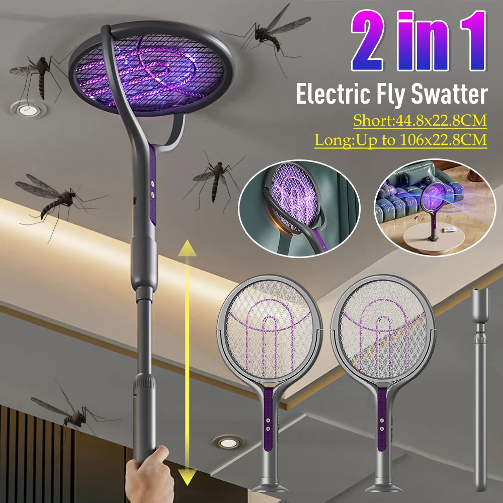

2 in 1 Electric Flies Swatter Rotatable Head Mosquito Trap Lamp USB Rechargeable Handheld Mosquito Swatters For Indoor Outdoor