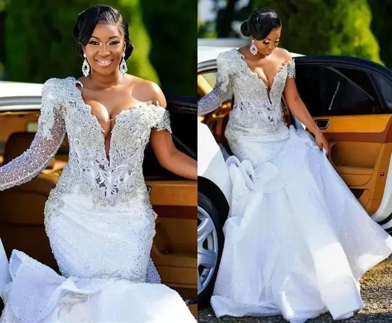 

Customized Plus Size Arabic Aso Ebi Luxurious Mermaid Lace Wedding Beaded Crystals Long Sleeve Sequined Sparkly Bridal Dresses G