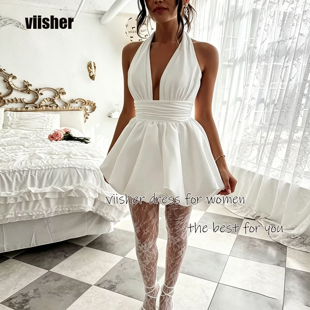 

Short Wedding Dresses for Bride Sexy Wedding Party Attire Halter Spandex Satin Prom Party Dress Customized