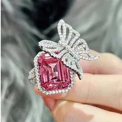 Cute Elegant Butterfly Ring Big Pink Cubic Zirconia Wedding Bands Ring Female Engagement Animal Jewelry 2022 New