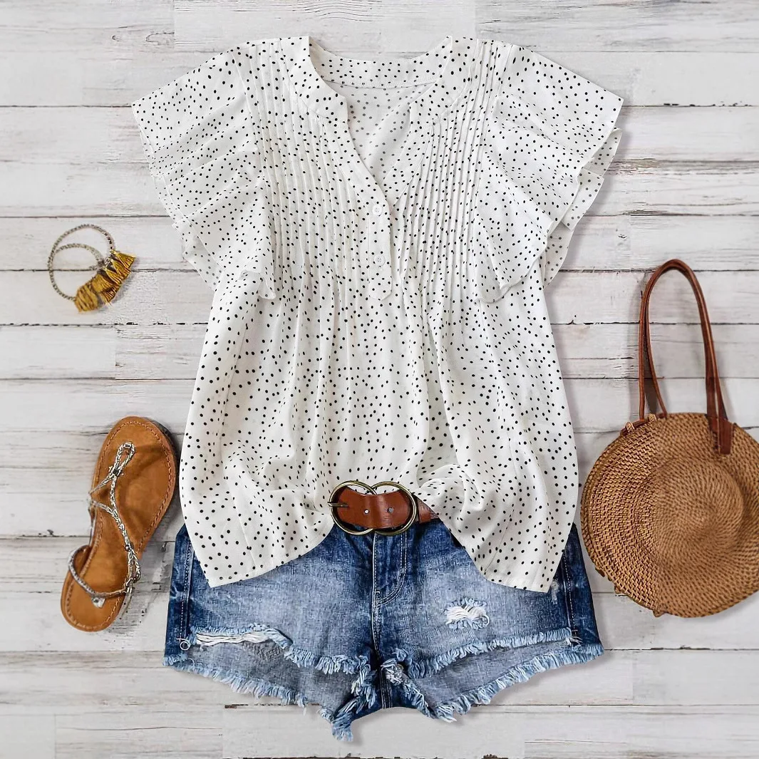 

Classic Polka Dots Print Short Sleeve Shirts & Blouse Women Tops V Neck Sleeveless Button Pleated Ruffles Casual Pullover Shirt