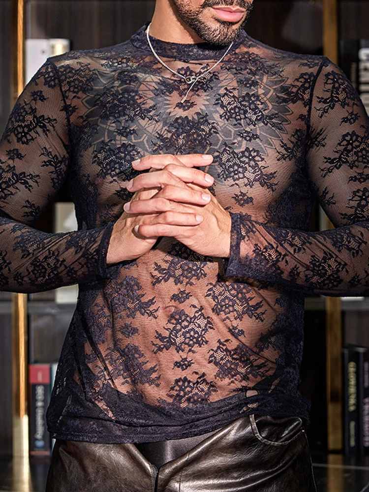 Sexy See Through Mesh Jumpsuits Tees Mens Spring Party Fashion Patchwork Mesh T-shirts Men Stylish Slim Fit Long Sleeve Pullover