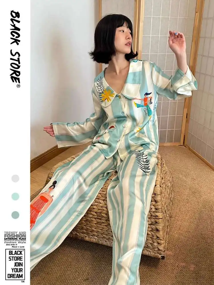 

Длинный комбинезон в полоску с мультяшным принтом, женский комплект весенне-осенней новой корейской версии, комплект домашней одежды, милый милый комплект