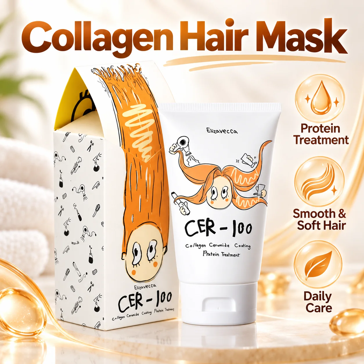 Protein Hair Mask with Collagen and Ceramide Conditioning Cream for Moisturized Soft Smooth Hair with an Easy Styling Routine