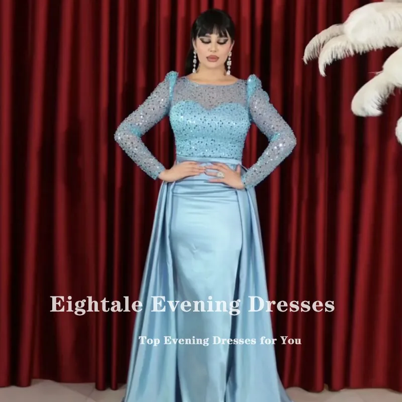 Eightale Evening Dresses with Detachable Skirt Blue Customized Color Long Sleeves Mermaid Party Prom Gown Vestidos De Noche