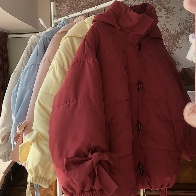 Parkas Women Bow Daily Thickening Students Winter Horn Button Kawaii Comfortable Colorful Trendy Elegant Simple New Korean Style