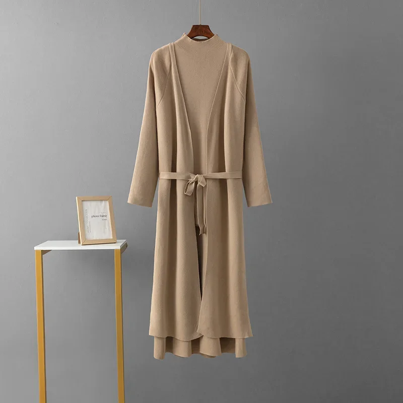 Winter Solid Color Woolen Cardigan Dress Suit Cardigan Long Sleeve Tops Long Dress Women Lazy Two-piece Sets Elegant Autumn