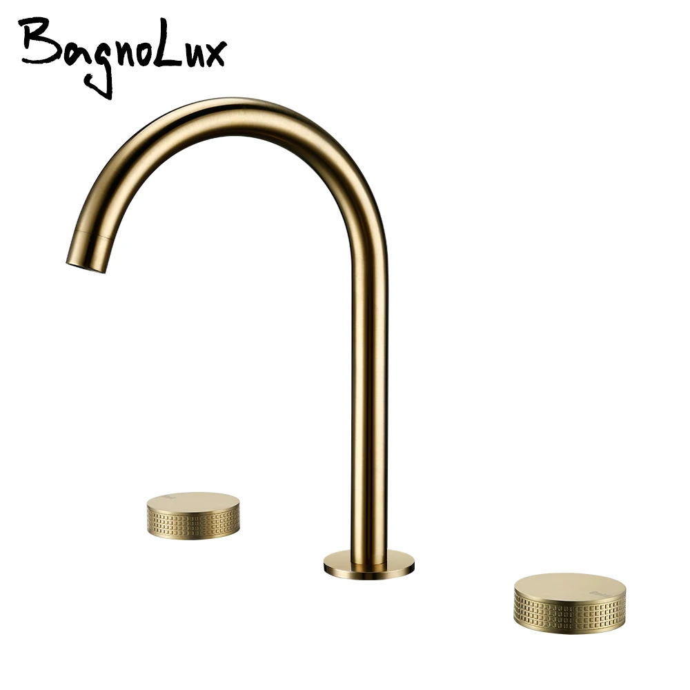 3 Holes Brushed Gold Basin Faucet Hot And Cold Water Widespread Tap Knurled Design Double Switch Deck Mounted Bathroom Mixer