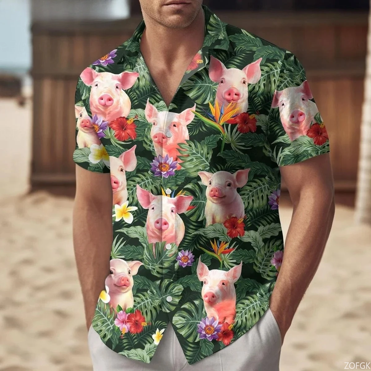 قميص هاواي صيفي خنزير وردي صيفي ألوها قميص ملابس قميص هاواي صيفي #4