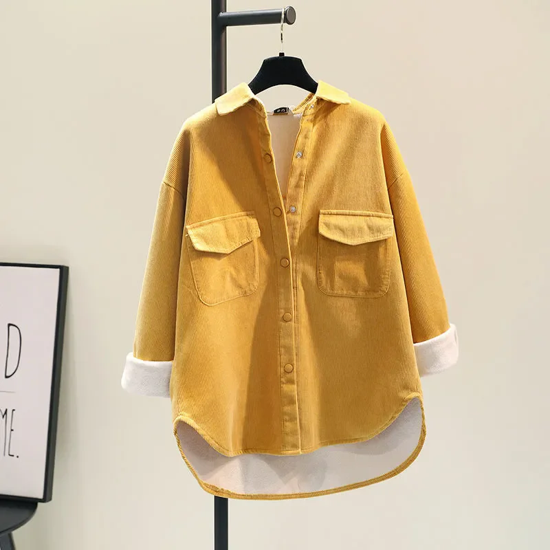 

Women's Thiened Corduroy irt Spring Autumn White Floing Outerwear Layering Slimming Fce Long Sve Button up