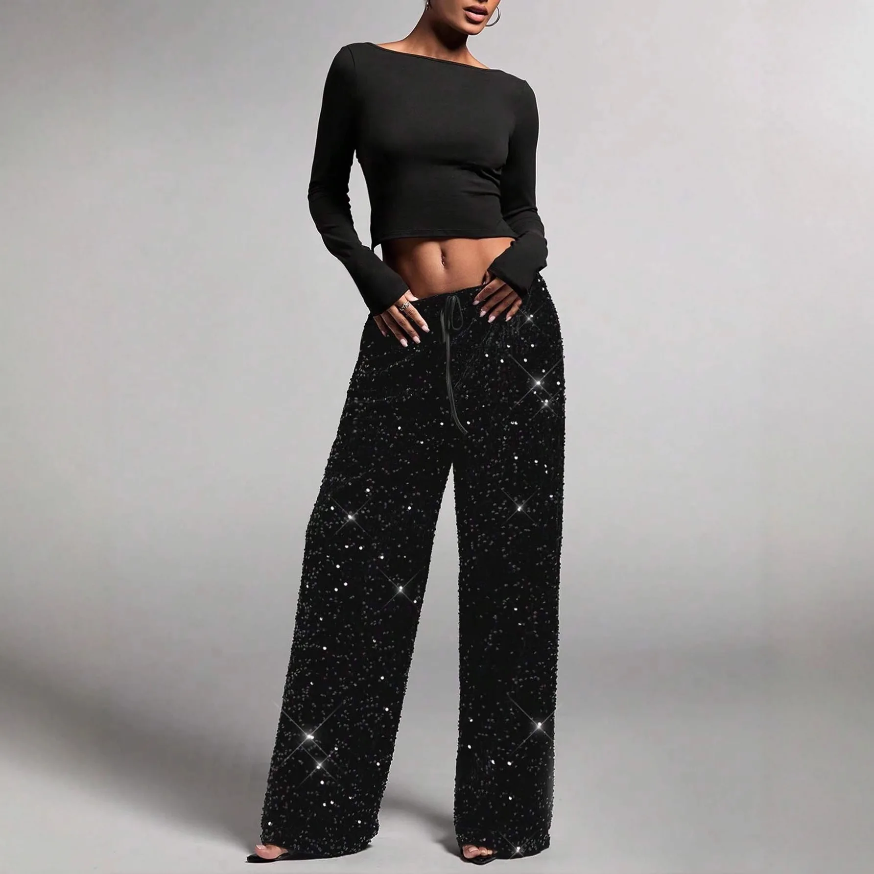 European And American Cross-Border Sequin Fashion Drawstring Slimming New Elastic Straight Export Pants Women's Clothing