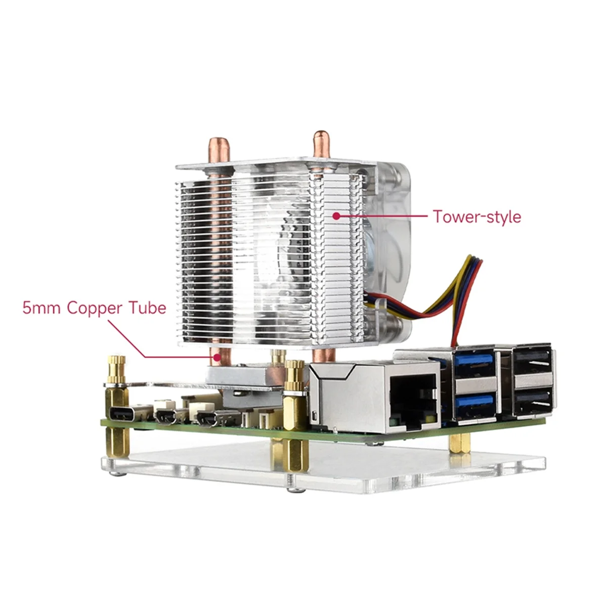 A82T-ICE CPU Tower Cooling Fan Vertical for Pi 5 Raspberry Pi 5 Cooler U-Shaped Copper Tube Cooling Fins RGB Cooling