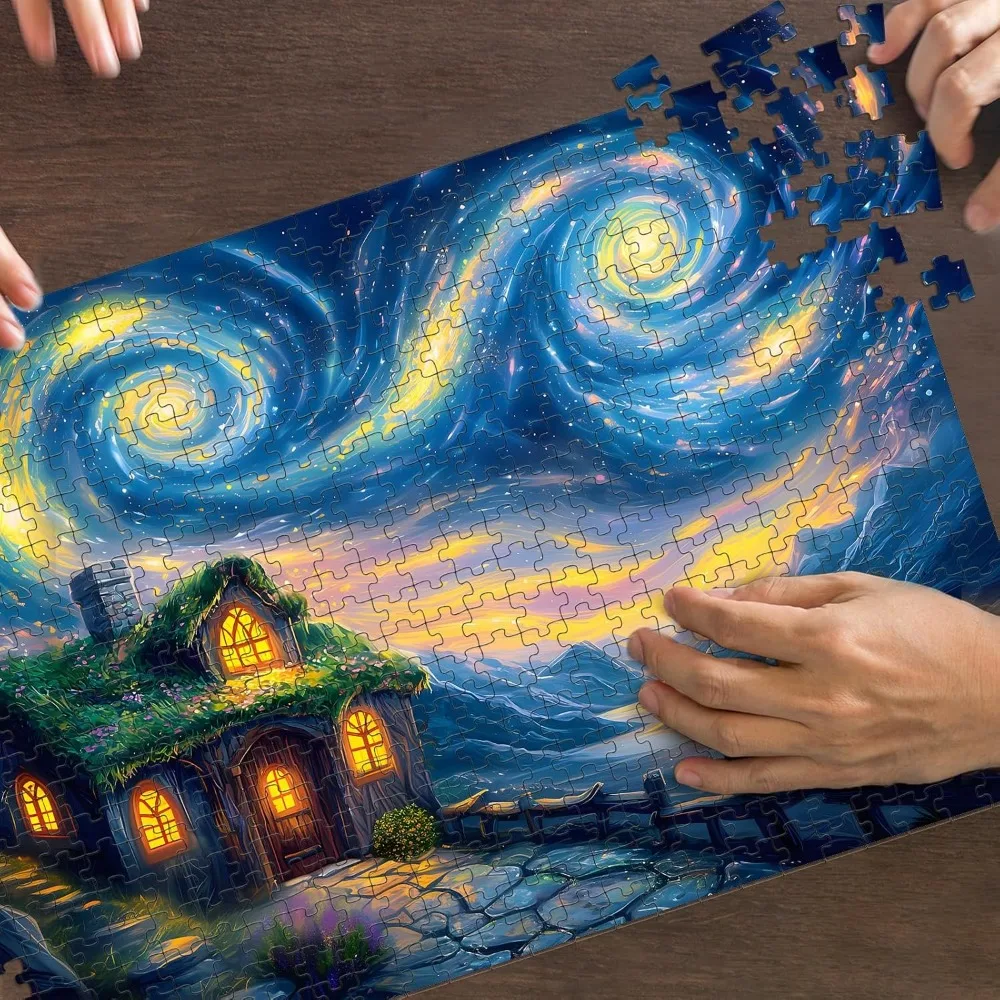 1000/500/300/120 Stuks Sterrennacht Cottage Legpuzzels voor Volwassen Home Decor Games Familie Landschap puzzels Educatief Speelgoed