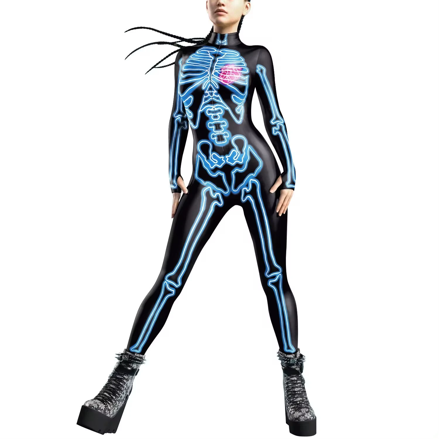 Halloween Horror Skeleton Costume Women Bodysuit Front Zipper Carnival Jumpsuits Shaper Role Play Party Black Colorful Outfits