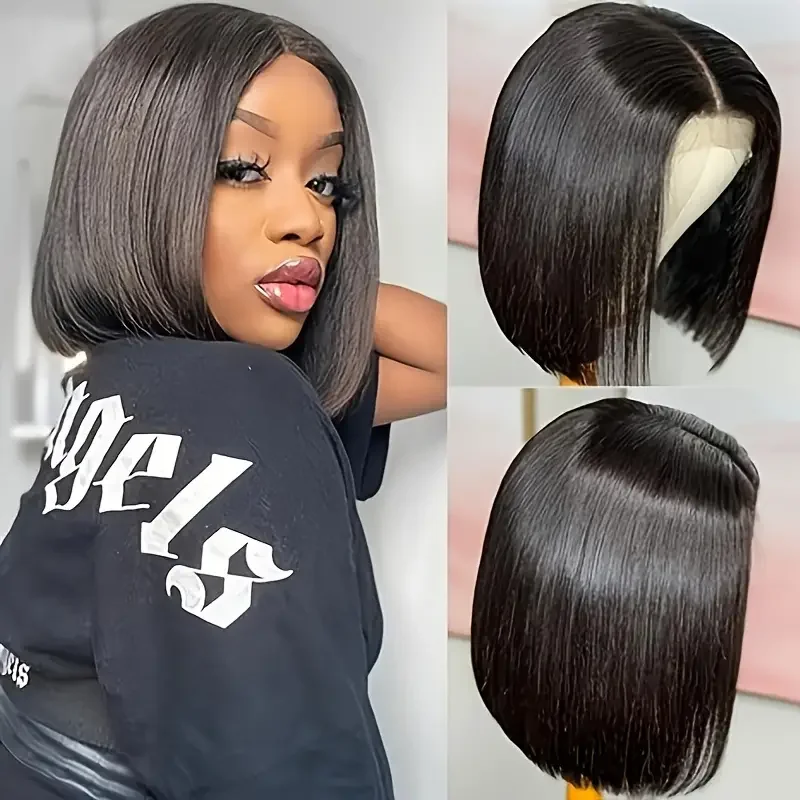 

QUANDE 13x4 Straight Bob Wigs Human Hair Lace Frontal Wig 180% Density Natural Color Remy Brazilian Wigs On Sale 10-14 Inch