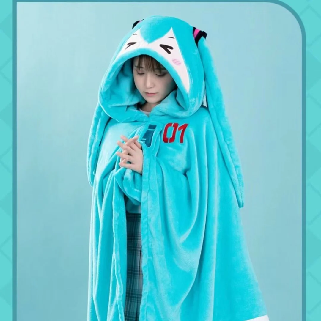 

Hatsune Miku Cartoon Kawaii Multifunctional Car Warm Hooded Shawl Nap Blanket Air Conditioning Blanket Cute Soft Warm Cloak
