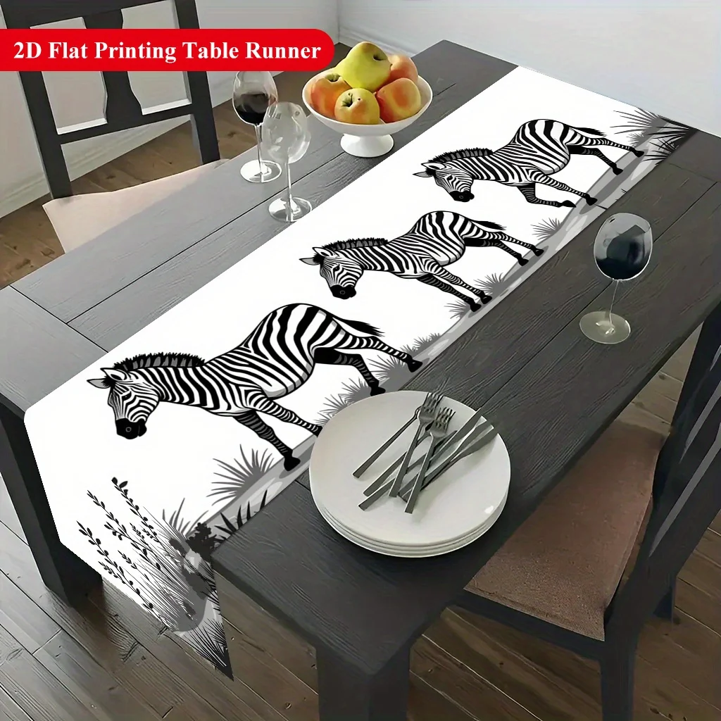 Three Zebras Walking in Grass Print Table Runner - Wildlife Nature Motif Decoration for Dining Coffee Table Home Kitchen Feast