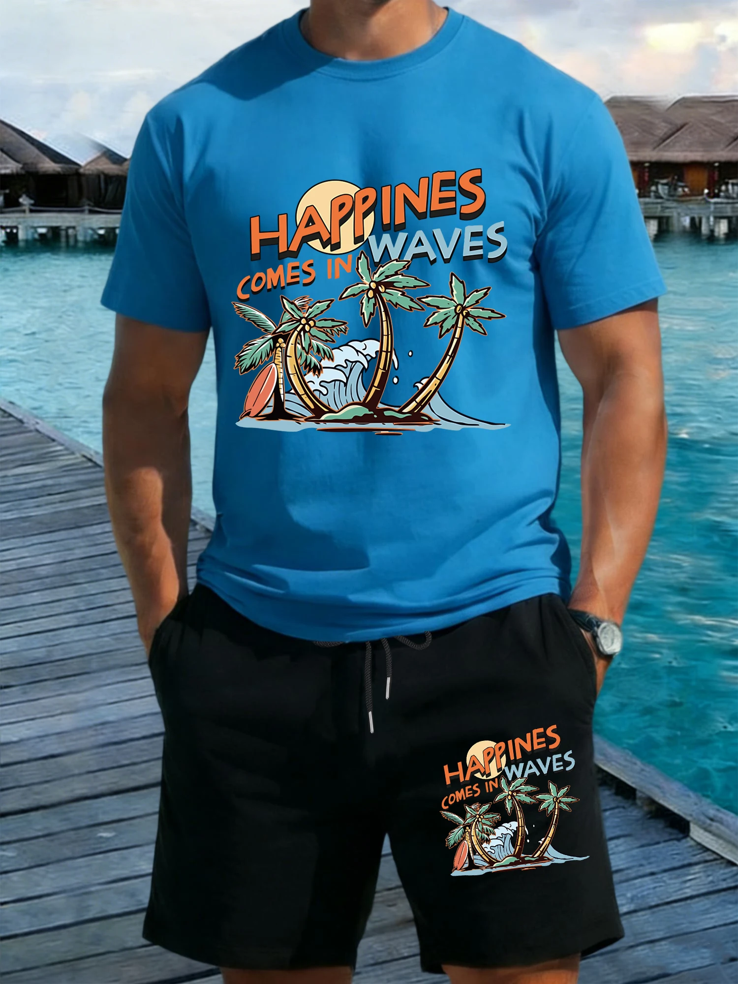 

Happiness Comes In Waves Coconut Tree Design Men T Shirt Suit O-Neck Cotton T-Shirt Drawstring Summer Short Pants Pocket Pant