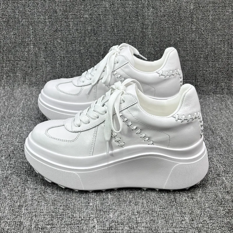 

New Genuine Leather 8CM Thick-soled Platform White Shoes Height-increasing Women Chunky Sneakers Street Fashion Casual Shoes