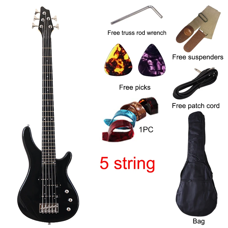 5 String Electric Bass Guitar 43 Inch Black Solid Okoume Wood Body High Gloss Finish Bass Guitar Active Guitar