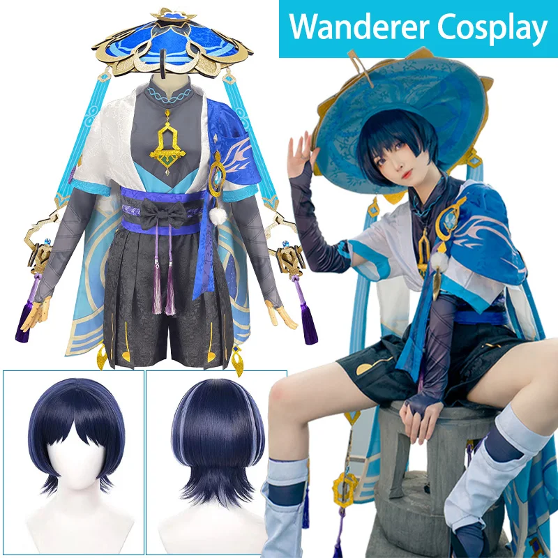 

Scaramouche Cosplay Costume Game Genshin Impact Wanderer Cosplay Costume Anime Uniform Wig Bamboo Hat Halloween Carnival Costume