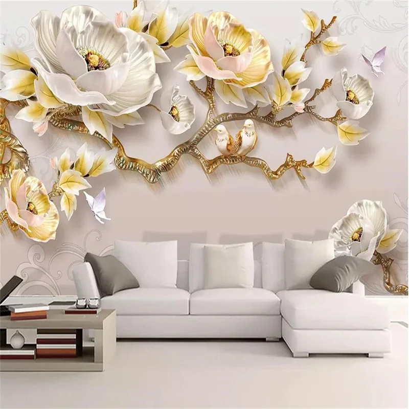 

Custom wallpaper 3D photo mural modern embossed peony new Chinese tv background wall rural style flower and bird pattern murals