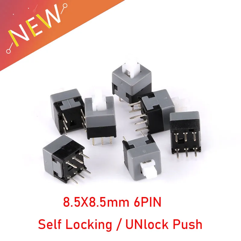 10PCS Mini Push button switch 6Pin Push Tactile Power Micro Switch Self lock On/Off button Latching switch 8.5X8.5mm 8.5*8.5mm