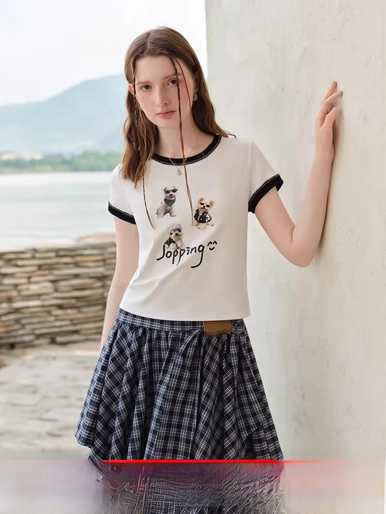 

Fun Dog Print Color Blo T-irt Women's round Ne ort Sve Cotton Blend Comfortable Fit Summer New Design Korean Sle