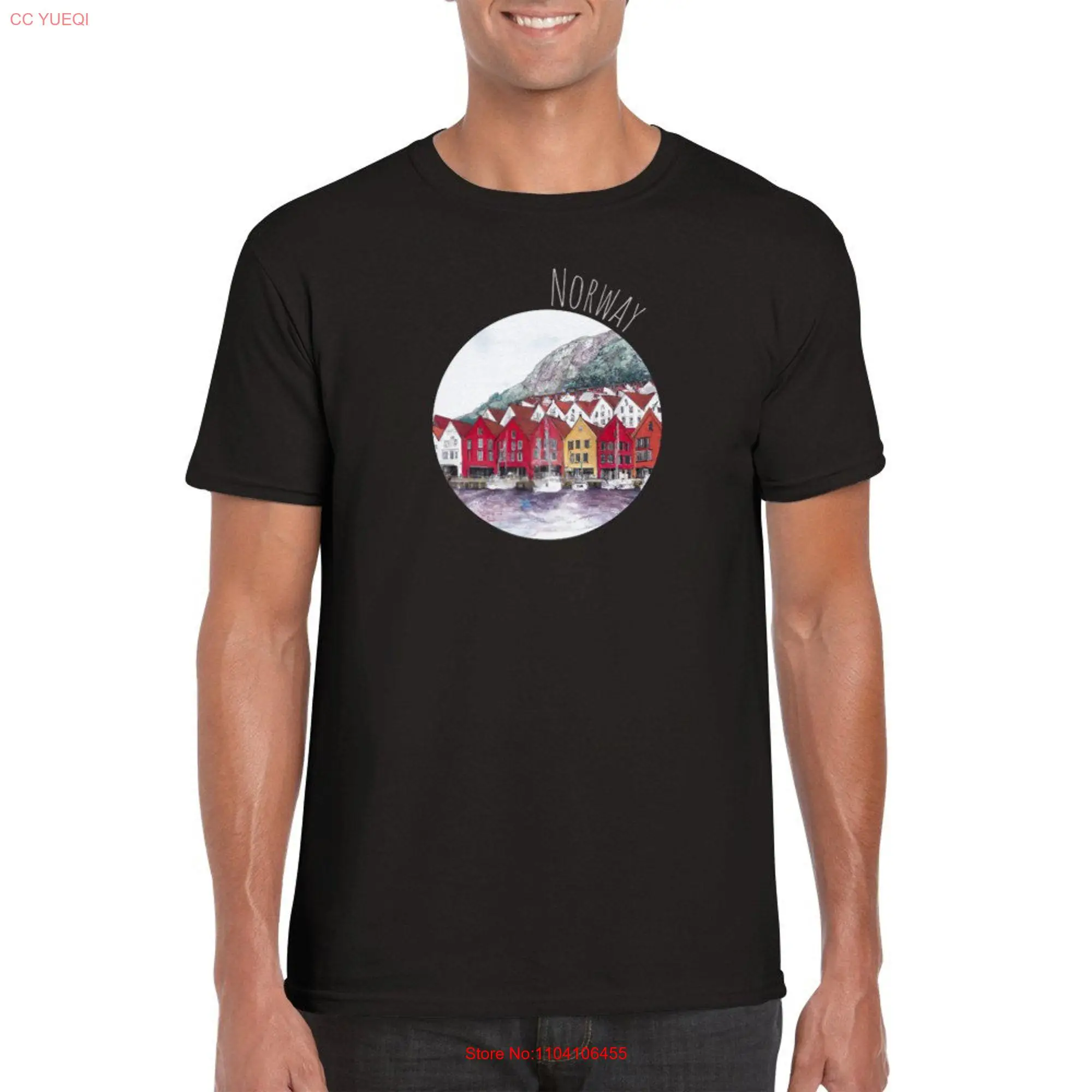 T Shirt Norway Bryggen Bergen City Red Houses Boats Fjord Hanse Image Round Neck Font KI AI Art long or short sleeves