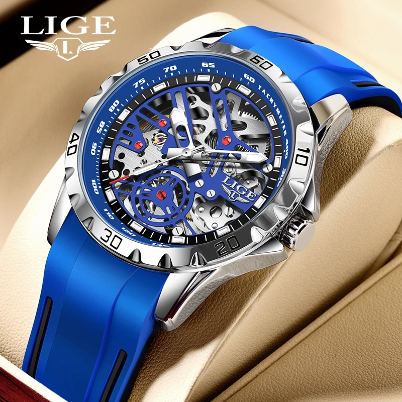 

2024 New LIGE Top Brand Luxury Hollow Waterproof Tourbillon Mechanical Automatic Watch Men Silicone Skeleton Mens Watches + Box