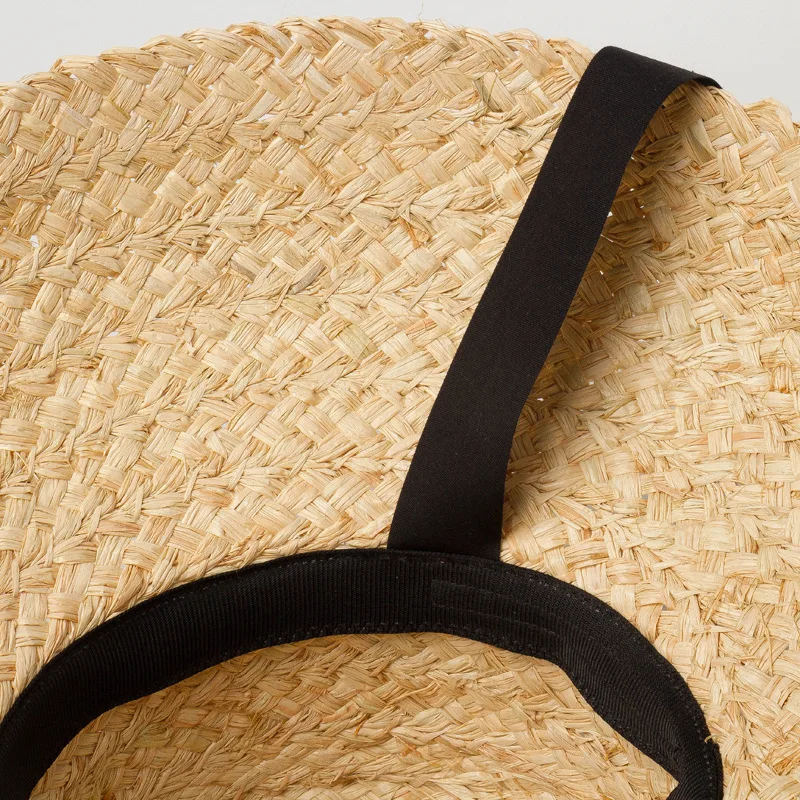 USPOP Retro Flat Top Drooping Brim with Straps Hand-woven Raffia Straw Hat for Women Parent-child Beach Straw Hat Two Size