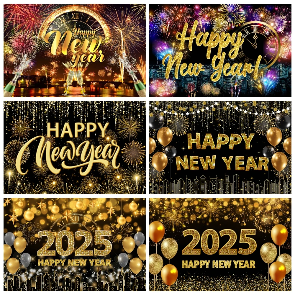 2025 Happy New Year Backdrop Golden Glitter Balloons Clock Fireworks Family Party Decoration Photography Background Photo Props