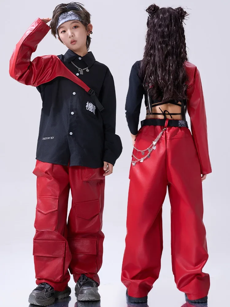 Costume Hip Hop rouge pour filles, haut court, couvre-bras rouges, pantalons en cuir pour garçons et enfants, vêtements de Jazz, ensemble de scène de danse de rue