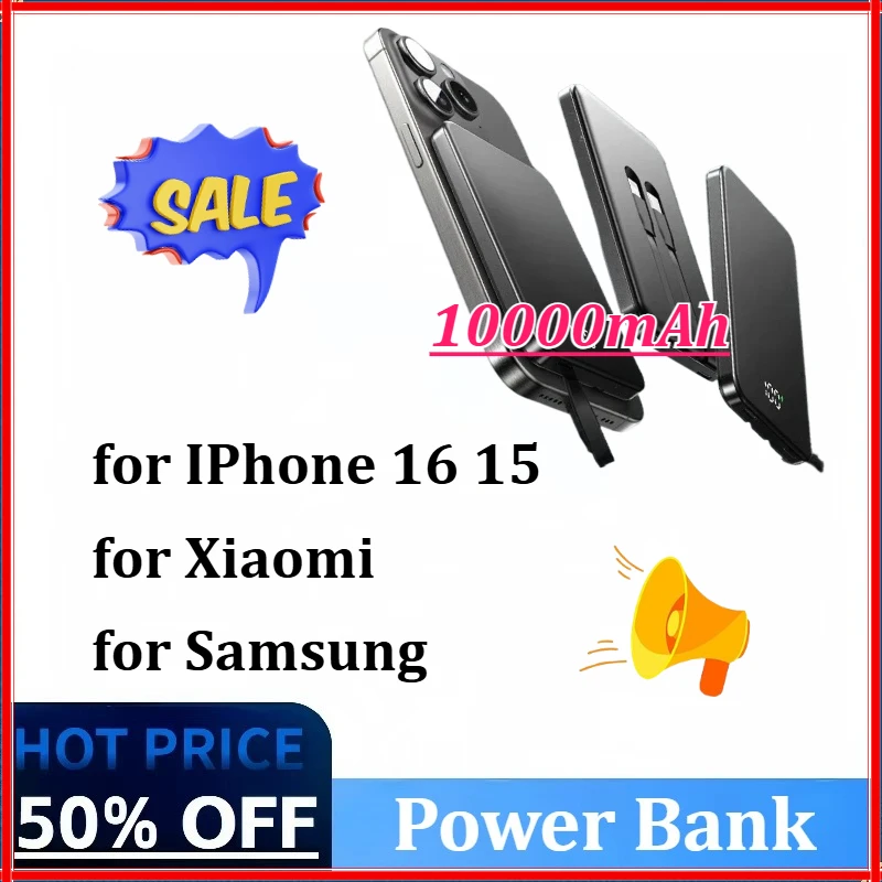 

New 10000mAh PD22W Magnetic Power Bank Built in Cables Fast Charging LED Display Battery for IPhone 16 15 for Xiaomi for Samsung