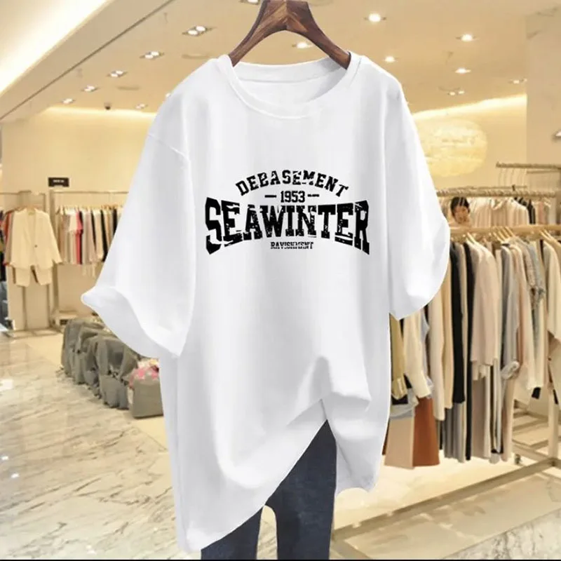 Women Clothing Cotton O-neck Short Sleeve Basic T-shirt Summer Fashion Casual Letter Printing Top Tee Chic Oversized Pullover