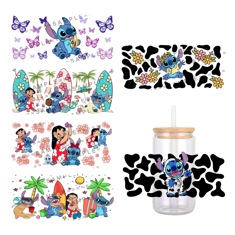 Stitch Design Disney Cartoon Pattern UV DTF Transfer Sticker Waterproof Transfers Decals For 16oz Glass Cup Wrap Stickers