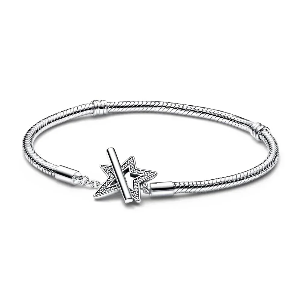 New 925 Sterling Silver pretty Moments Asymmetric Star T-bar Snake Chain Bracelet Sparkling Snowflake Clasp Bangle For Gifts