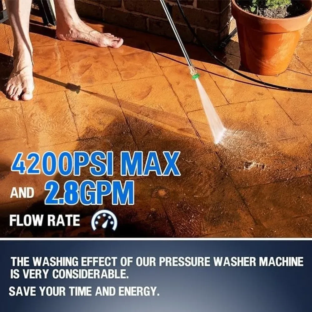 4200 PSI 2.8 GPM Power Washer 33FT Extension ท่อทนต่อการสึกหรอ, 4 หัวฉีดและ 500ml Foam Cannon, สําหรับรถยนต์,รั้ว