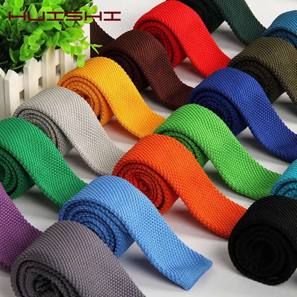 HUISHI-corbatas de punto para hombre y mujer, corbatas delgadas de moda, corbata de punto lisa en negro y rojo, corbata de boda, diario, cuello informal