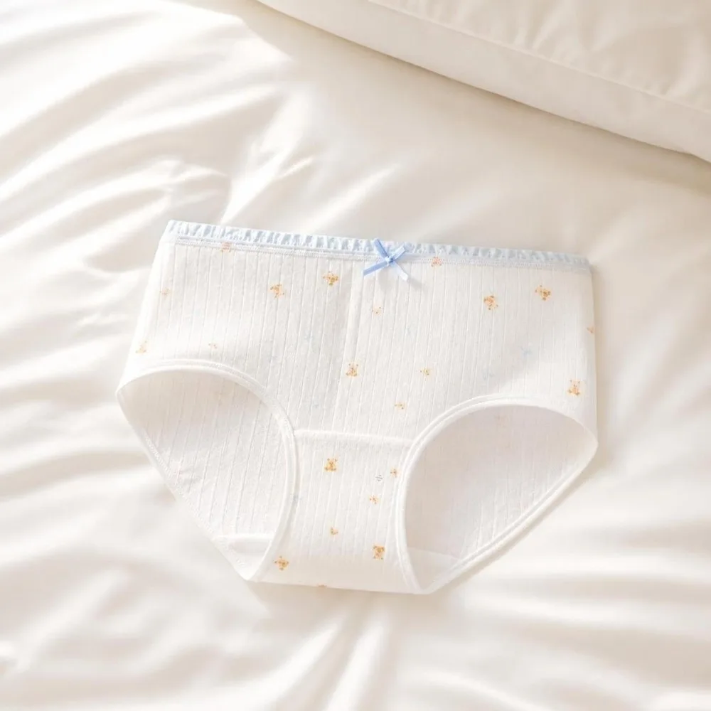 Underpants Cotton Women's Underwear Mid Waist Bow Girl Sweet Briefs Lingerie Stripe Grid Triangle Panties Fresh Style