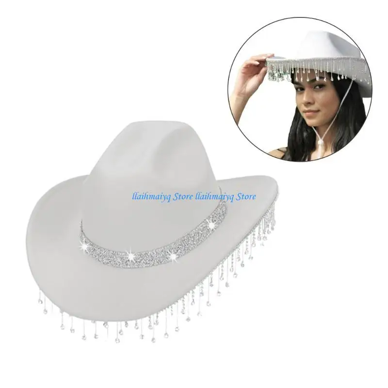 

573B Cowboy Cap Rhinestones Tassels Western Cowgirl Hat for Womens Girl Photo Props