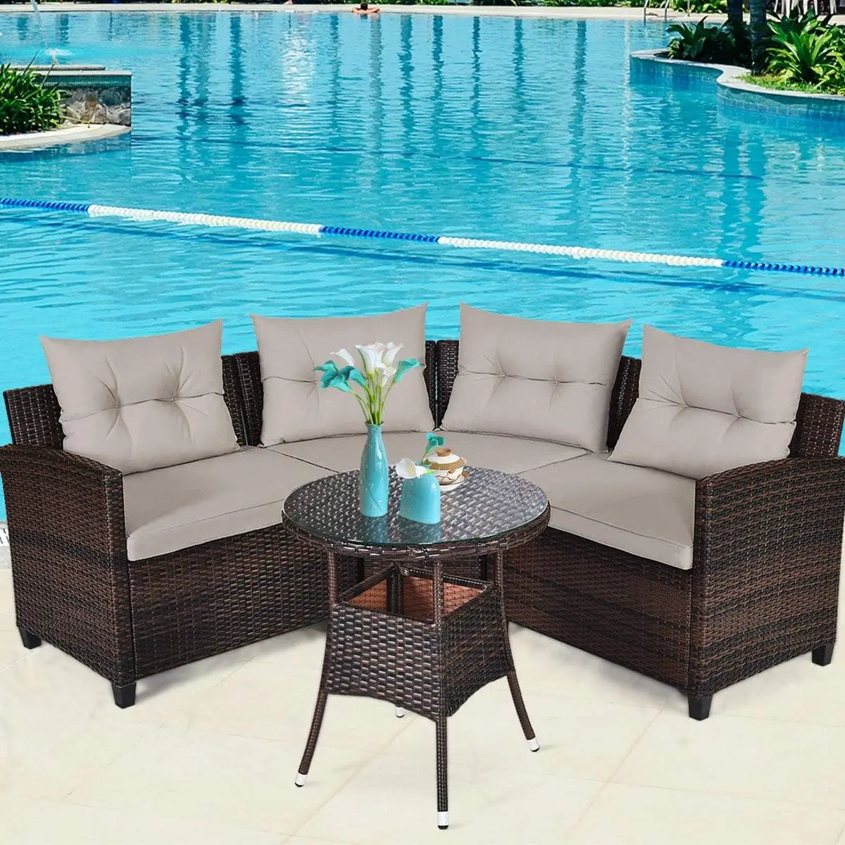 

4-piece Patio Furniture Set, C-shaped Outdoor Wicker Combination Sofa Set with Cushions and Glass Coffee Table